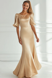 Vestido Formal Largo de Satén de Sirena Champagne con Mangas Cortas
