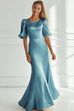 Vestido Formal Largo de Satén de Sirena Champagne con Mangas Cortas