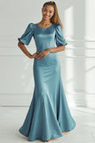 Vestido Formal Largo de Satén de Sirena Champagne con Mangas Cortas