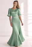 Vestido Formal Largo de Satén de Sirena Champagne con Mangas Cortas
