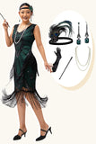 Vestido de lentejuelas verdes negras con cuello en V y cuello en V de la década de 1920 con conjunto de accesorios de 5 piezas