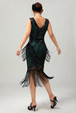 Vestido de lentejuelas verdes negras con cuello en V y cuello en V de la década de 1920 con conjunto de accesorios de 5 piezas