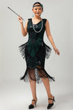 Vestido de lentejuelas verdes negras con cuello en V y cuello en V de la década de 1920 con conjunto de accesorios de 5 piezas