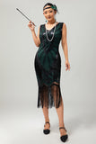 Vestido de lentejuelas verdes negras con cuello en V y cuello en V de la década de 1920 con conjunto de accesorios de 5 piezas