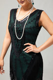 Vestido de lentejuelas verdes negras con cuello en V y cuello en V de la década de 1920 con conjunto de accesorios de 5 piezas