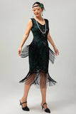 Vestido de lentejuelas verdes negras con cuello en V y cuello en V de la década de 1920 con conjunto de accesorios de 5 piezas