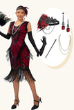 Vestido de lentejuelas rojas y negras con flecos de la década de 1920 con conjunto de accesorios de 5 piezas