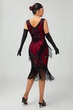 Vestido de lentejuelas rojas y negras con flecos de la década de 1920 con conjunto de accesorios de 5 piezas