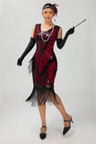 Vestido de lentejuelas rojas y negras con flecos de la década de 1920 con conjunto de accesorios de 5 piezas
