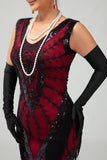 Vestido de lentejuelas rojas y negras con flecos de la década de 1920 con conjunto de accesorios de 5 piezas