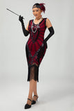 Vestido de lentejuelas rojas y negras con flecos de la década de 1920 con conjunto de accesorios de 5 piezas
