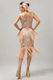 Vestido de lentejuelas con flecos champán de la década de 1920 con conjunto de accesorios de 5 piezas