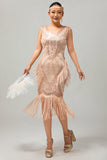 Vestido de lentejuelas con flecos champán de la década de 1920 con conjunto de accesorios de 5 piezas