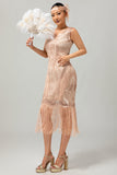 Vestido de lentejuelas con flecos champán de la década de 1920 con conjunto de accesorios de 5 piezas