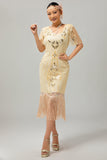 Vestido flapper de lentejuelas con flecos de albaricoque de los años 20 con mangas cortas