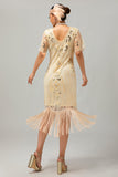 Vestido flapper de lentejuelas con flecos de albaricoque de los años 20 con mangas cortas