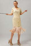Vestido flapper de lentejuelas con flecos de albaricoque de los años 20 con mangas cortas