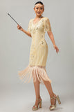 Vestido flapper de lentejuelas con flecos de albaricoque de los años 20 con mangas cortas
