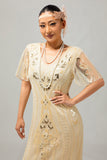 Vestido flapper de lentejuelas con flecos de albaricoque de los años 20 con mangas cortas