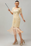 Vestido flapper de lentejuelas con flecos de albaricoque de los años 20 con mangas cortas