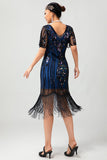 Vestido flapper de lentejuelas con flecos de albaricoque de los años 20 con mangas cortas