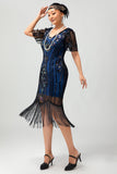 Vestido de lentejuelas azules negras con flecos y cuello redondo de la década de 1920 con conjunto de accesorios de 5 piezas