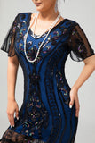 Vestido de lentejuelas azules negras con flecos y cuello redondo de la década de 1920 con conjunto de accesorios de 5 piezas