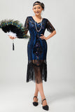 Vestido de lentejuelas azules negras con flecos y cuello redondo de la década de 1920 con conjunto de accesorios de 5 piezas