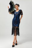 Vestido flapper de lentejuelas con flecos de albaricoque de los años 20 con mangas cortas