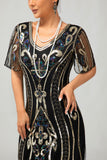 Vestido ajustado con flecos de lentejuelas doradas y brillantes de los años 1920