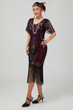 Vestido ajustado con flecos de lentejuelas burdeos Flapper de los años 20
