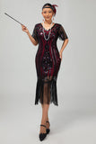 Vestido ajustado con flecos de lentejuelas burdeos Flapper de los años 20
