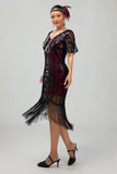 Vestido ajustado con flecos de lentejuelas burdeos Flapper de los años 20