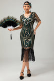 Vestido flapper de lentejuelas con flecos de albaricoque de los años 20 con mangas cortas