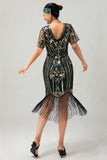 Vestido flapper de lentejuelas con flecos de albaricoque de los años 20 con mangas cortas