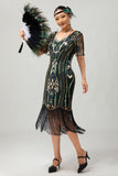 Vestido flapper de lentejuelas con flecos de albaricoque de los años 20 con mangas cortas