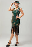 Vestido de flecos de cuentas doradas verdes de la década de 1920 con conjunto de accesorios de 4 piezas