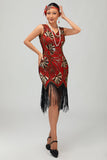 Vestido de lentejuelas rojas doradas con flecos de la década de 1920 con conjunto de accesorios de 5 piezas