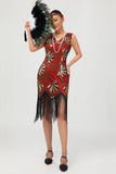 Vestido ajustado con solapas y lentejuelas rojas doradas de los años 1920 con borlas