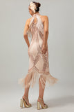 Vestido de lentejuelas con flecos y ojales de champán de los años 20
