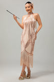 Vestido halter de lentejuelas champán de la década de 1920 con conjunto de accesorios de 5 piezas
