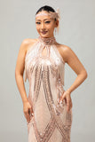 Vestido de lentejuelas con flecos y ojales de champán de los años 20