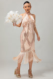 Vestido de lentejuelas con flecos y ojales de champán de los años 20