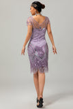 Vestido corto de 1920 con cuello en V y cuentas en color púrpura brillante con lentejuelas