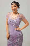 Vestido de lentejuelas moradas con flecos de la década de 1920 con conjunto de accesorios de 5 piezas