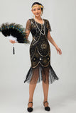 Vestido ajustado con flecos negro y rojo Gatsby de los años 20 con lentejuelas