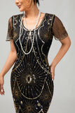 Vestido ajustado con flecos negro y rojo Gatsby de los años 20 con lentejuelas