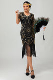 Vestido ajustado con flecos negro y rojo Gatsby de los años 20 con lentejuelas