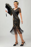Vestido ajustado con flecos negro y rojo Gatsby de los años 20 con lentejuelas