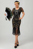 Vestido ajustado con flecos negro y rojo Gatsby de los años 20 con lentejuelas